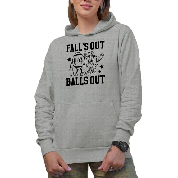 Fall's Out Balls Out, Retro Football & Pumpkin Art, Fall Merch Gift, Heather Grey Hooded Sweatshirt or Hoodie, Large