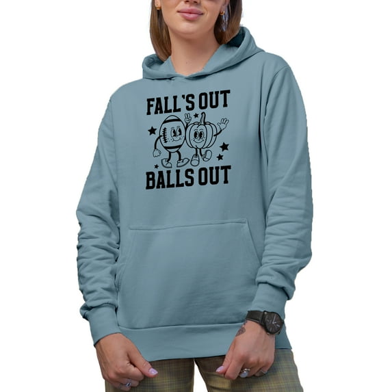 Fall's Out Balls Out, Retro Football & Pumpkin Art, Fall Merch Gift, Light Blue Hooded Sweatshirt or Hoodie, Medium