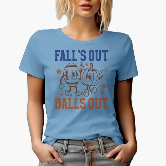 Fall's Out Balls Out, Retro Football & Pumpkin Themed Art, Fall Merch Gift, Baby Blue T-Shirt, Medium