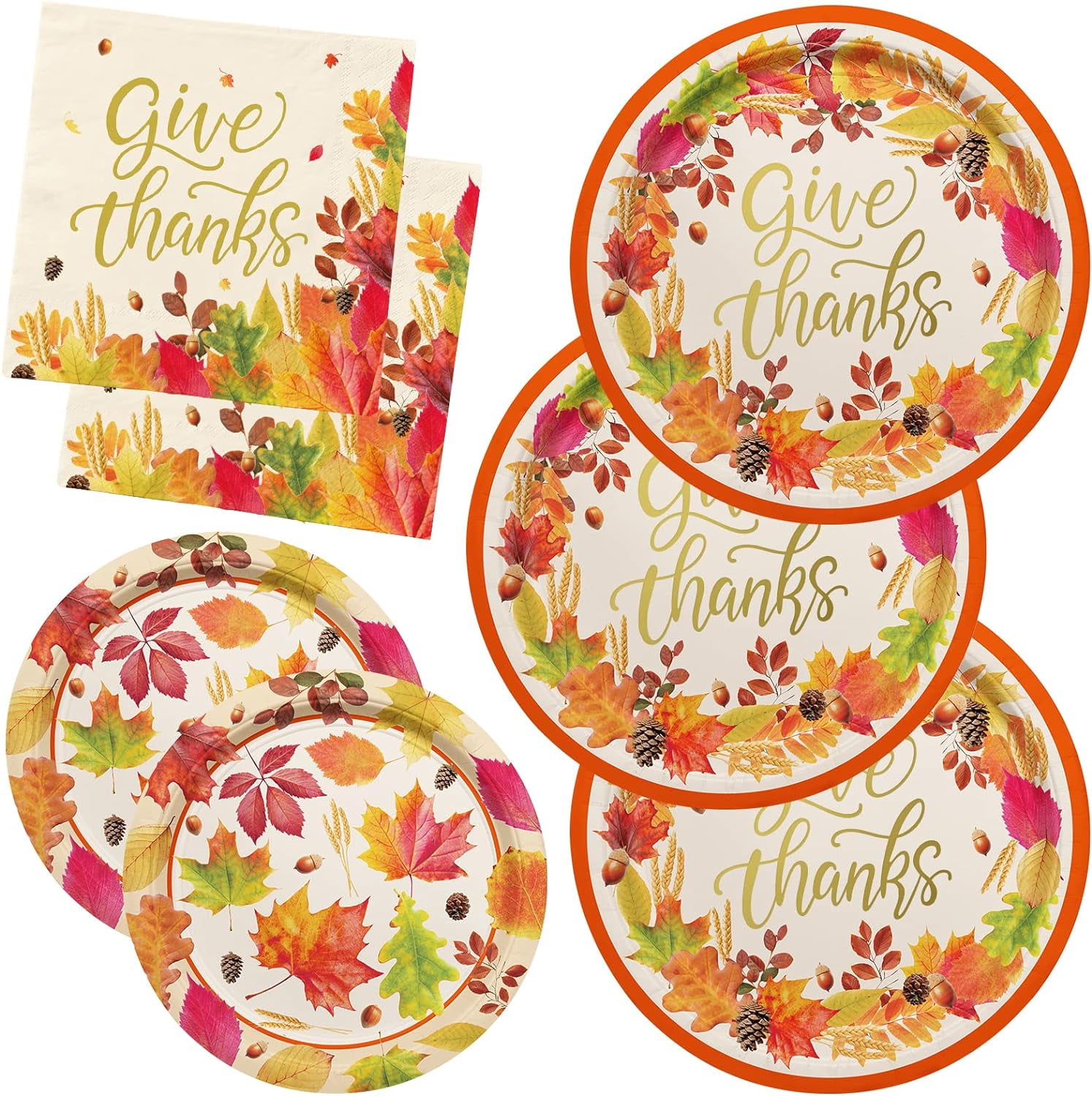 Fall theme Thanksgiving Party Supplies Kit, Serve 50, Autumn Harvest Disposable Dinnerware Includes-Paper Dinner Plates, Dessert Plates, and Napkins, Great for Thanksgiving Party Decorations