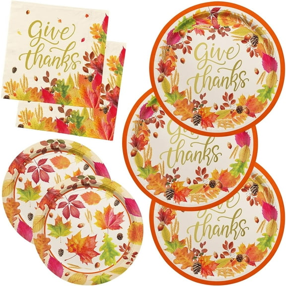Fall theme Thanksgiving Party Supplies Kit, Serve 50, Autumn Harvest Disposable Dinnerware Includes-Paper Dinner Plates, Dessert Plates, and Napkins, Great for Thanksgiving Party Decorations