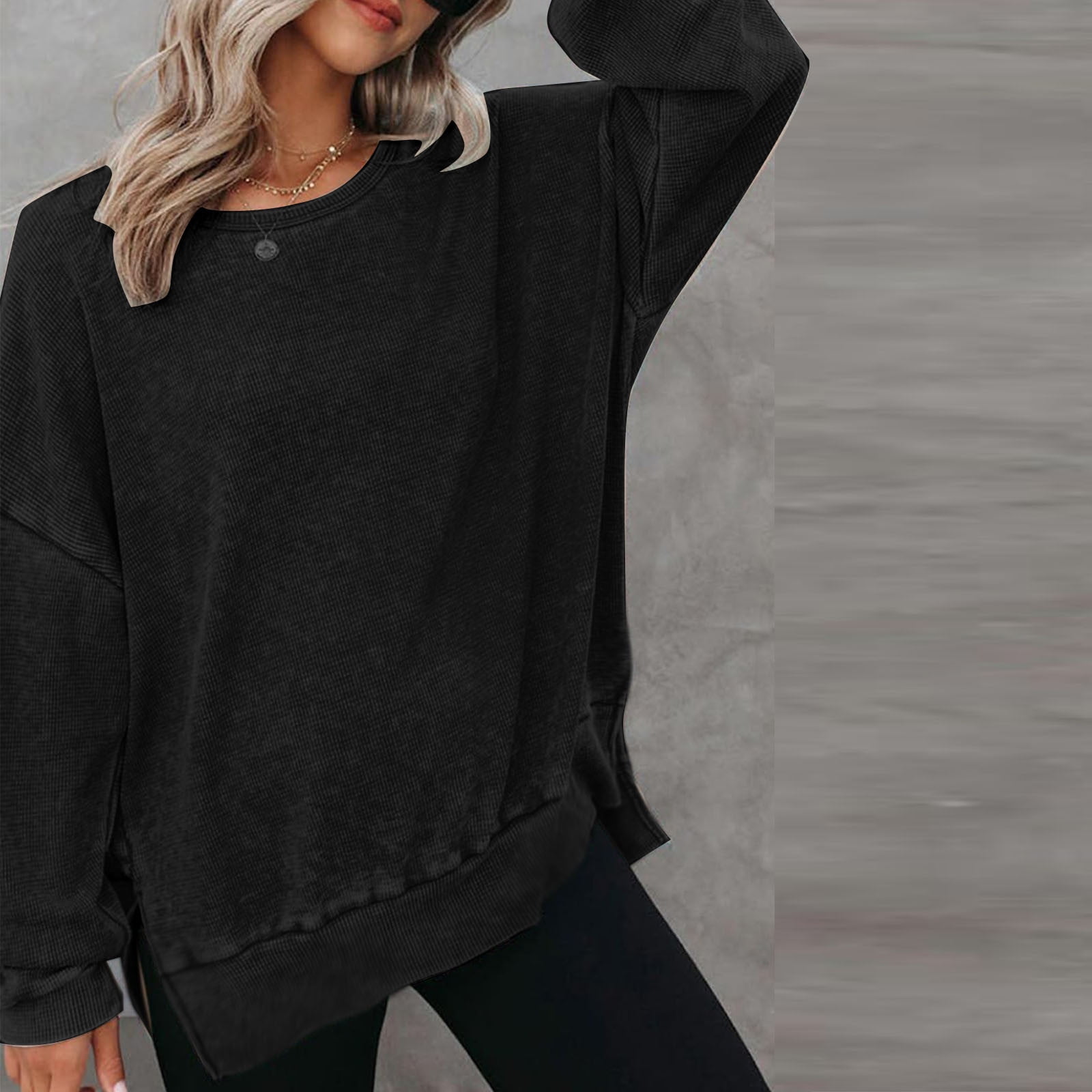 Women Casual Solid Long Sleeve Loose Round Neck Crop Top Sweatshirt Tops