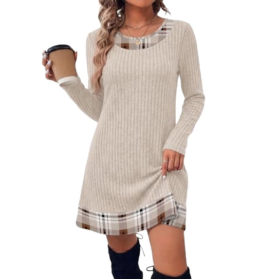 Fall winter Dresses for Women 2026 Long Sleeve Sweater Dress Color Block,Ribbed, Lightweight, Fall winter Clothing, Loose Fit,Khaki,M