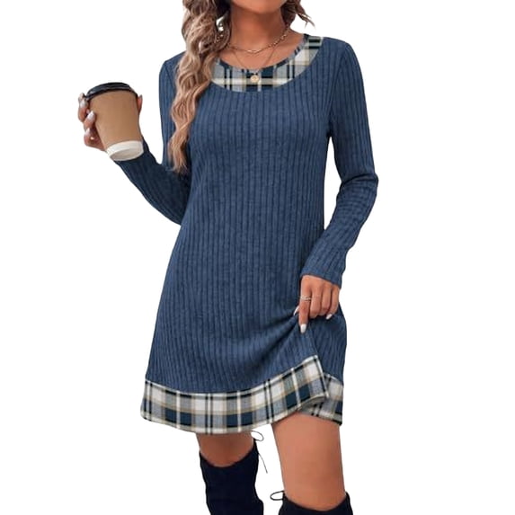 Fall winter Dresses for Women 2026 Long Sleeve Sweater Dress Color Block,Ribbed, Lightweight, Fall winter Clothing, Loose Fit,Navy,XL
