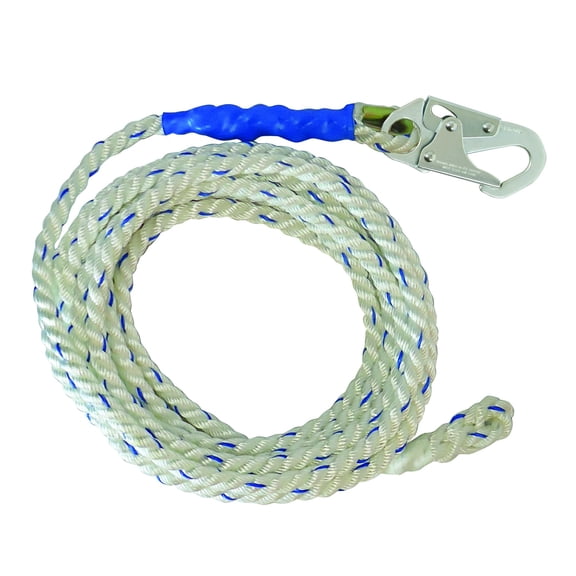 FallTech 8150 Vertical Lifeline, Rope - 5/8" Premium Polyester Rope with 1 Snap Hook and Braid-End, 50', White/Blue CA3