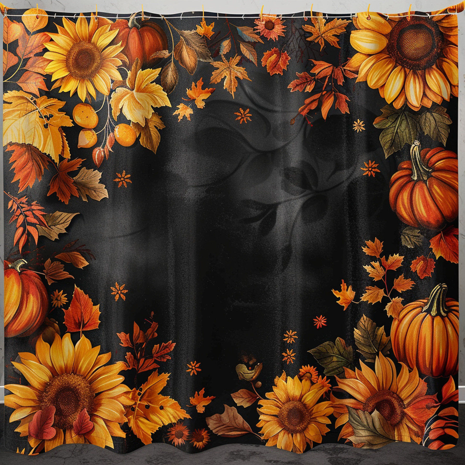 FallThemed Sunflowers and Pumpkins on Black Background Shower Curtain ...