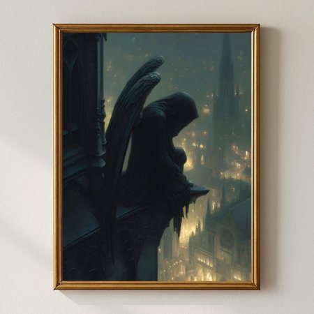 Fallen Angel Gothic Wall Art, Dark Fantasy Cathedral Print, Hooded Black Angel Overlooking City, Dark Academia Artwork Home Decor #985, Unframed Poster Size 8x12