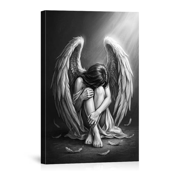 Fallen Angel In Black And White Sad With Wings Charcoal Drawing For Gothic Home Canvas