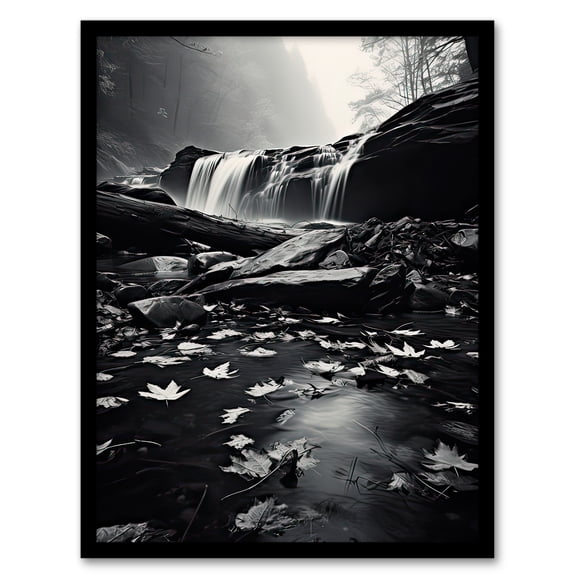 Fallen Autumn Leaves in Waterfall Black and White Art Print Framed Poster Wall Decor 12x16 inch