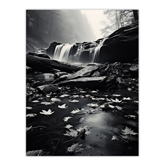 Fallen Autumn Leaves in Waterfall Black and White Large Wall Art Poster Print Thick Paper 18X24 Inch
