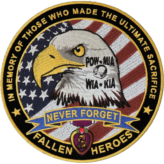 Fallen Heroes POW MIA WIA KIA Memorial Patch - 6x6 inch - Embroidered Iron on Patch