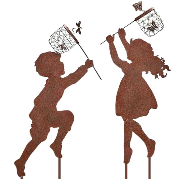 Falleo Clearance 1 Pair Boy Girl Catching Butterfly Metal Decorative Garden Stakes Outdoor Garden Decor Boy Girl Silhouette Yard Stakes Spring Decor