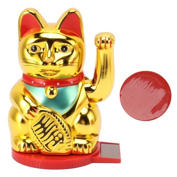 Falleo Clearance Arm Waving Fortune Cat 4 Inch Plastic Solar Powered Light Induction Lucky Cat Decoration with Rotating Base for Home Hotel Gold