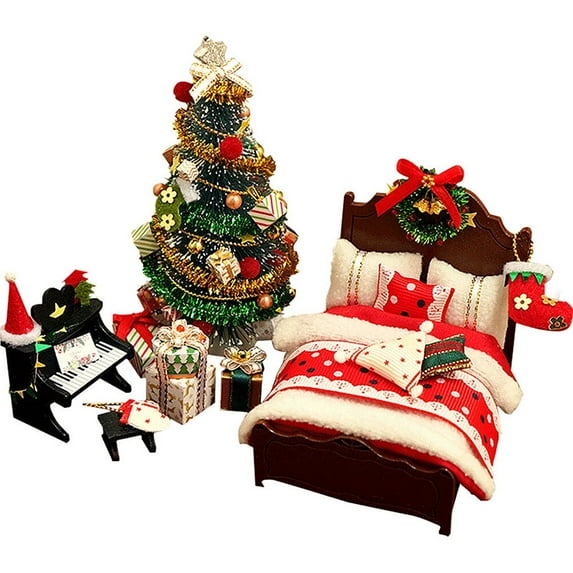Falleo Clearance DIY Christmas Miniature Dollhouse Kit Realistic 3D House Room Craft with Bed Quilt Pillow Piano Lights Christmas Wreath Christmas Tree Xmas Gift