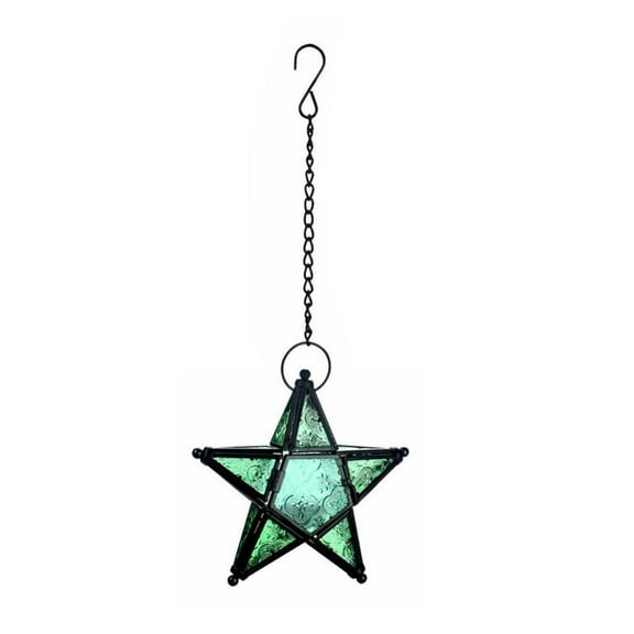 Falleo Clearance European Style Colored Embossed Glass Five Pointed Star Candlestick Hanging Wind Lamp Aromatherapy Candle Holder Home Decoration