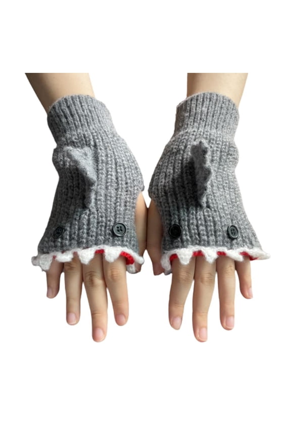 Clearance Knit Gloves Cartoon Animal Shark Half Finger Gloves Warm Knitted Gloves Creative Birthday Thanksgiving Halloween Christmas Gifts
