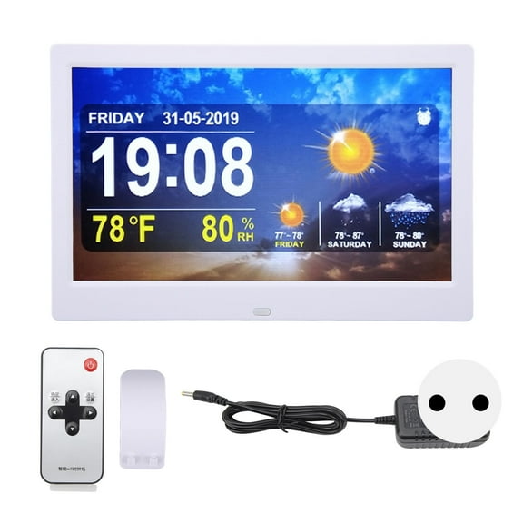 Falleo Clearance WIFI Weather Clock 10in 100?240V White Date Time Temperature Humidity Color Display Alarm Clock with Remote Control Support Photos Videos Music Play EU Plug