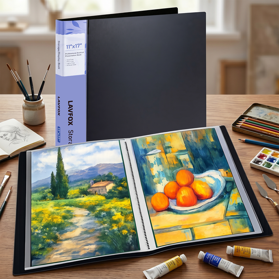 LAVFOX 11x17 Art Portfolio Folder, 24-Pocket Binder Presentation Book Displays 48 Pages, Black