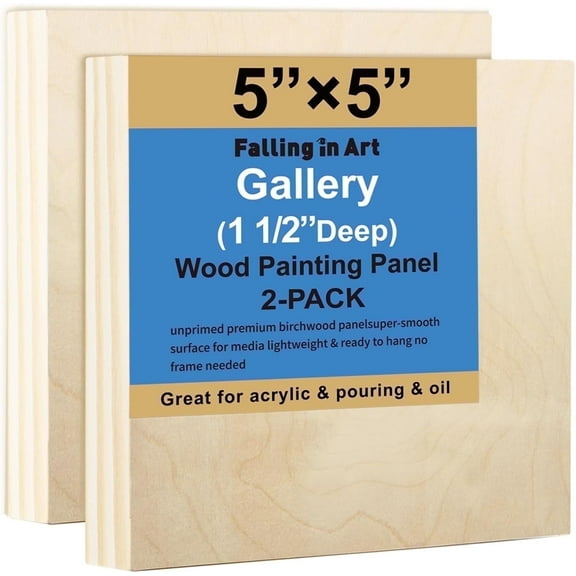 Falling in Art 2-Pack 5x5 Unfinished Wooden Canvas Panels,  1-1/2-inch Deep Cradle Boards for for Acrylic Painting, Pouring and Burning