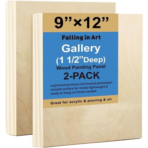 Falling in Art 2-Pack 9x12 Unfinished Wooden Canvas Panels, 1-1/2'' Deep Art Cradle Boards for Acrylic Painting, Pouring and Burning