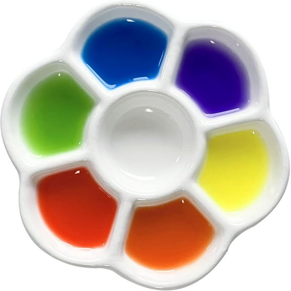 Falling in Art 7-Well Ceramic Paint Palette - 4.5Inch Flower Porcelain Watercolor Palette, White Painting Tray for Watercolor, Gouache and Acrylic Painting