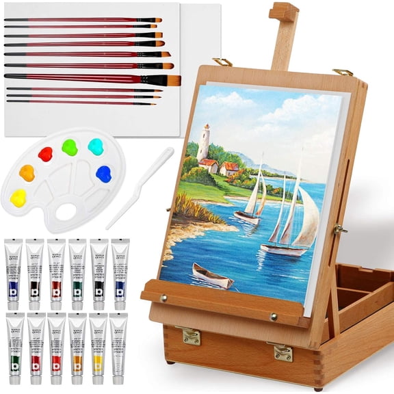 LAVFOX 27-Piece Acrylic Paint Set with Tabletop Beechwood Easel Box, Portable Storage Painting Kit with 12 Colors, Canvas Panels, and Brushes for Artists, Gift Set