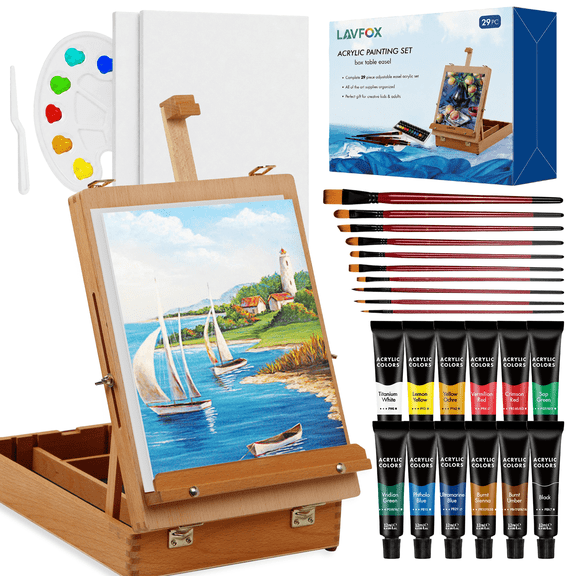 LAVFOX 27 Pcs Acrylic Paint Set with Tabletop Wood Easel Box, Complete Painting Kit for Beginners and Artists