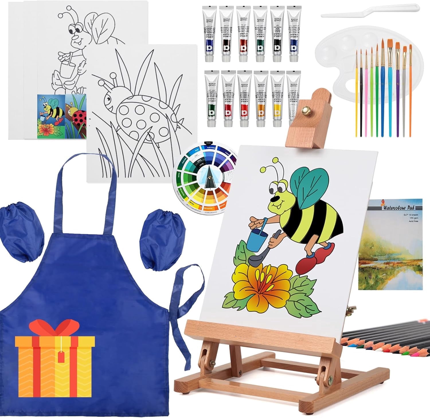 Kids Acrylic Painting Starter Kit with Table Easel, 52-Piece Art Set Including Paints, Brushes, Canvas Panels and Art Smock for Beginners