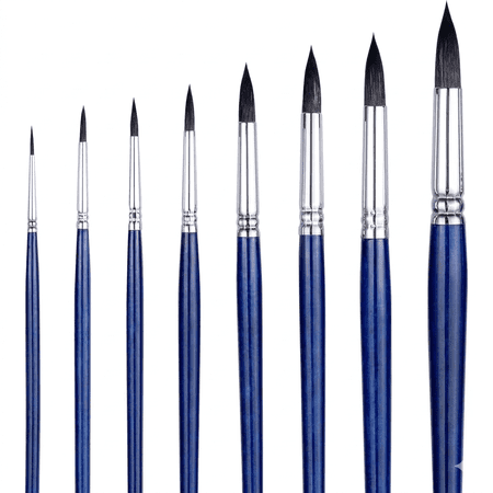 8 Pcs Professional Watercolor Brush Set, Round Pointed Squirrel Hair Paint Brushes with Wooden Handles for Artists, Blue