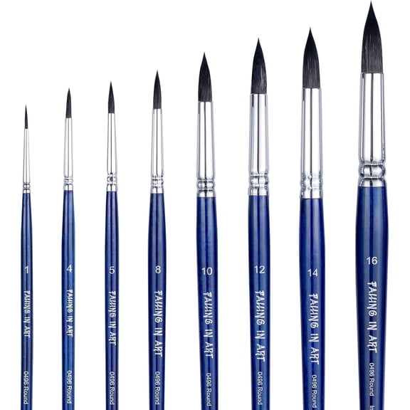 8 Pcs Professional Watercolor Brush Set, Round Pointed Squirrel Hair Paint Brushes with Wooden Handles for Artists, Blue