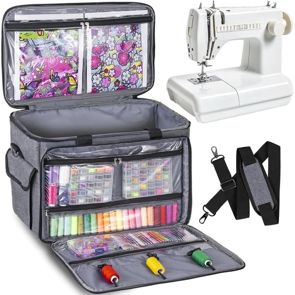 Portable Sewing Machine Carrying Case, Heavy Duty Sewing Machine Tote with Shoulder Strap for Sewing Machines, Grey