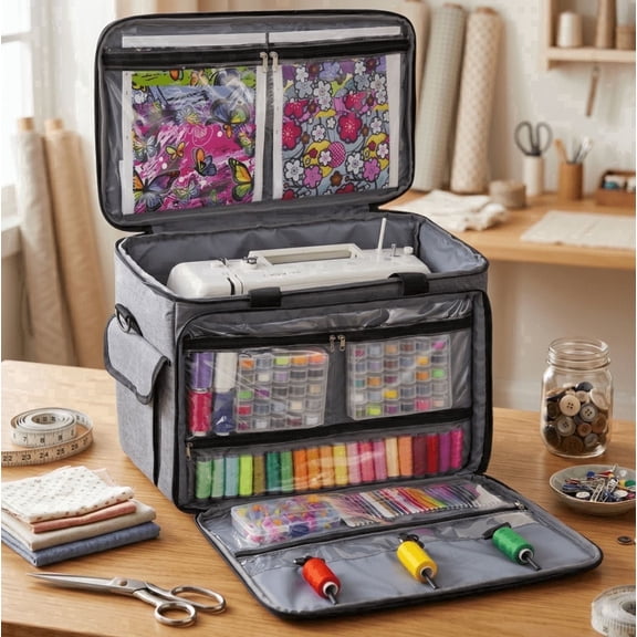LAVFOX Portable Sewing Machine Carrying Case with Shoulder Strap, Grey