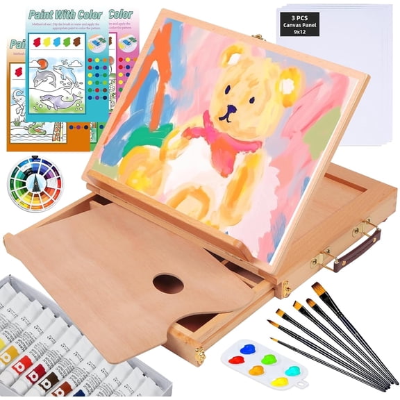 Falling in Art 29-Piece Tabletop Easel Painting Set, Acrylic Paint Kit with 12 Colors, Brushes, Canvas Panels & Wooden Palette for Kids, Adults & Beginners