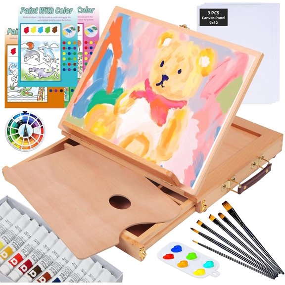 LAVFOX 29 Piece Acrylic Painting Kit, Tabletop Easel Set with 12 Colors Paint, Canvas, Brushes, Christmas Gift