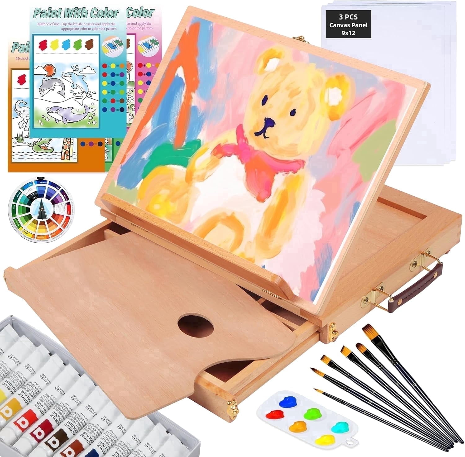 LAVFOX 29-Piece Acrylic Paint Set with Tabletop Wood Easel, Complete Painting Kit with 12 Colors, Canvas Panels, Brushes, and Palette for Artists, Gift Set