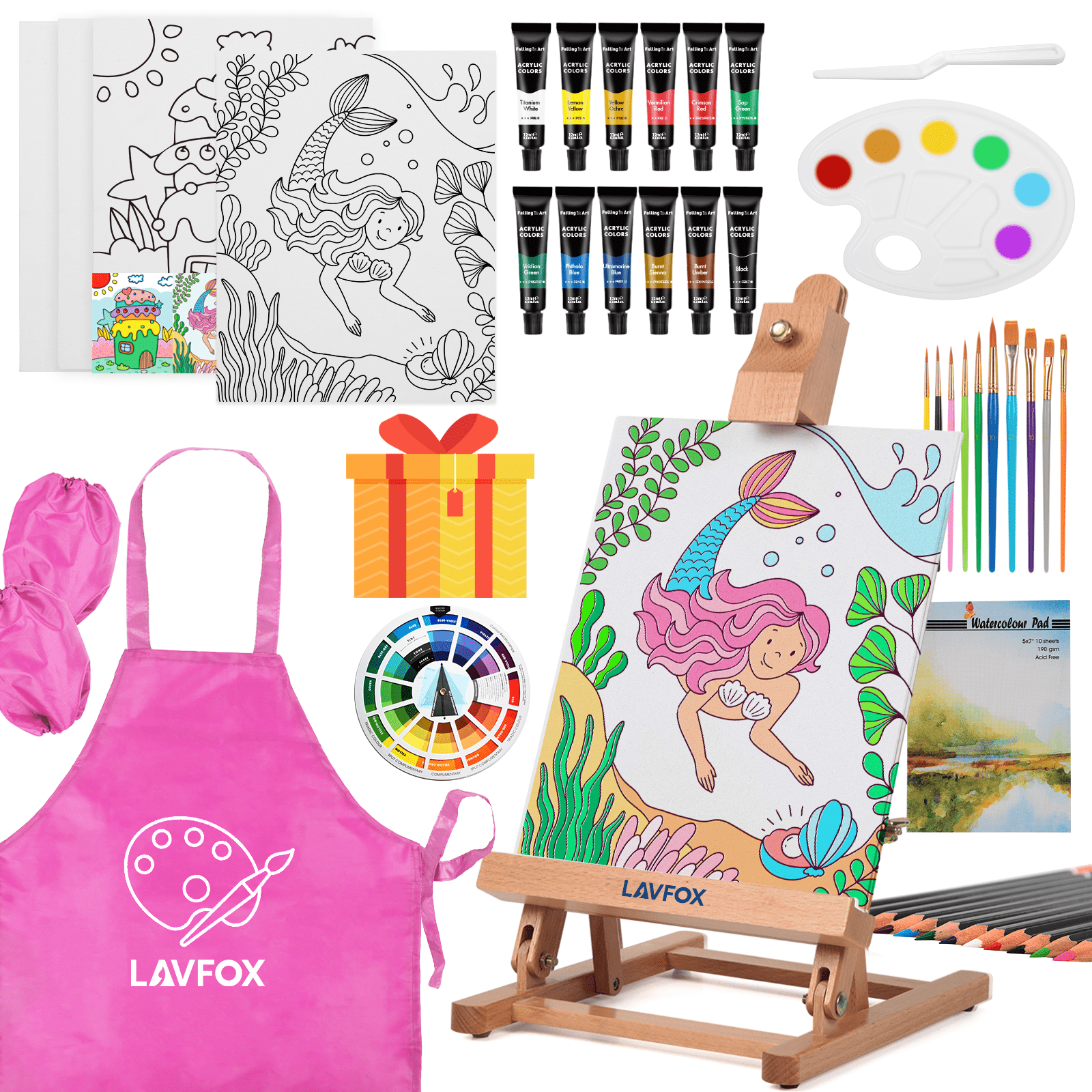 LAVFOX Portable Tabletop Wooden Easel Painting Kit with 12 Colors Acrylic Paints, 10 Paintbrushes, and 4 Canvas Panels, Art Supply Gift Set, Pink