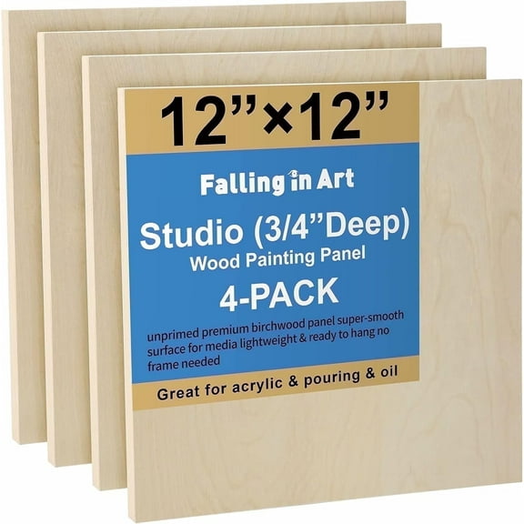 Falling in Art 4-Pack 12x12 Unfinished Birch Wood Canvas Panels for Painting, 3/4’’ Deep Cradle Boards for Pouring Art, Crafts