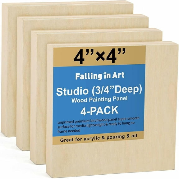 Falling in Art Unfinished Birch Wood Panels Kit for Painting, Wooden Canvas 4 Pack of 4x4’’ Studio 3/4’’ Deep, Cradle Boards for Pouring, Art, Crafts, Burning and More