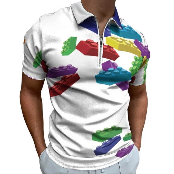 Falling Blocks Men Zipper T-shirt Summer Casual Short Sleeve T-shirt Top