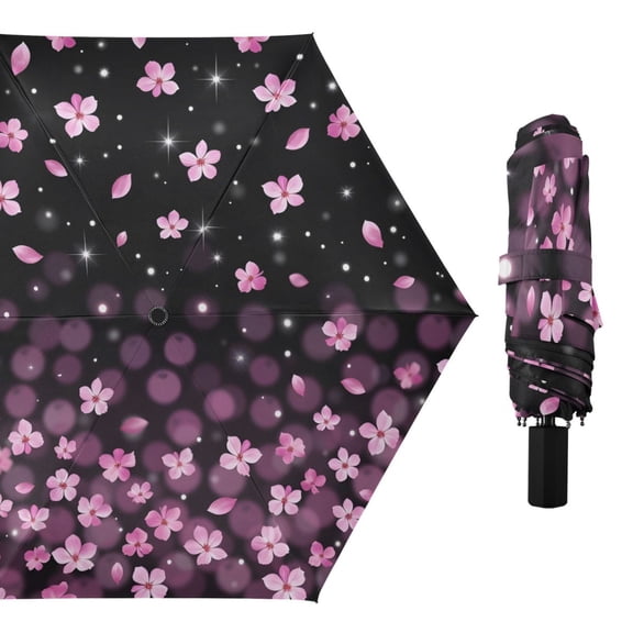 Falling Cherry Blossoms Flowers All Weather Umbrella Triple Folding Parasol 6 Ribs UV Protection Portable