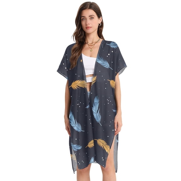 Falling Feathers Women Swimsuit Cover up V Neck Beach Dress Short Sleeve Vacation Outfits Swimwear