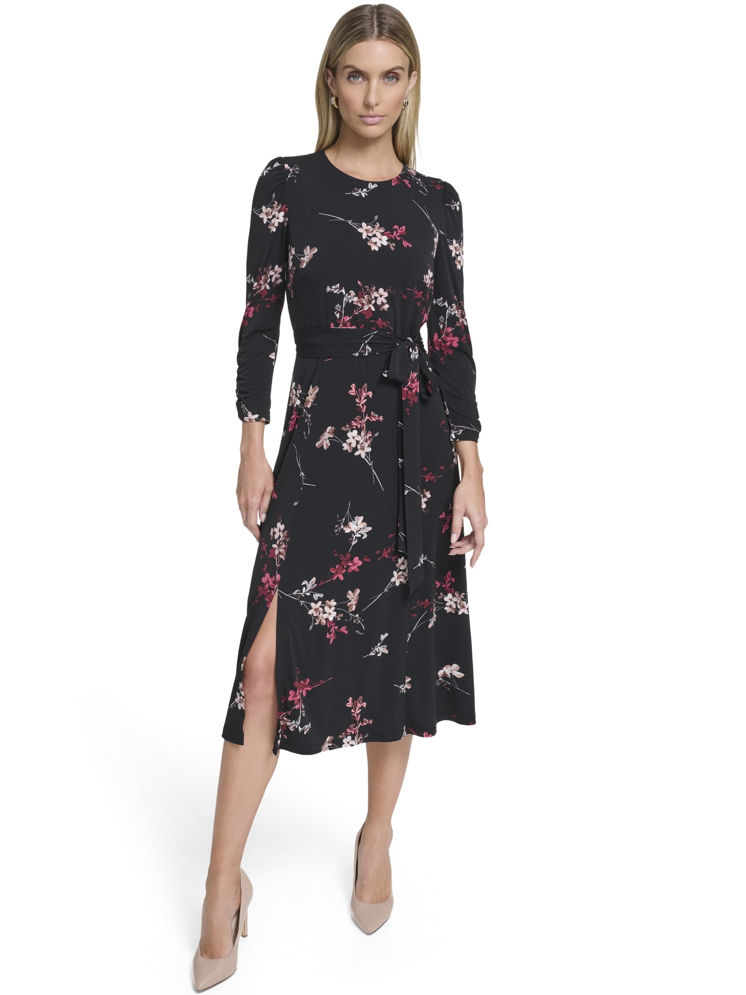Falling Flowers Women's 3/4 Sleeve Belted Midi Dress, Sizes XS-XL
