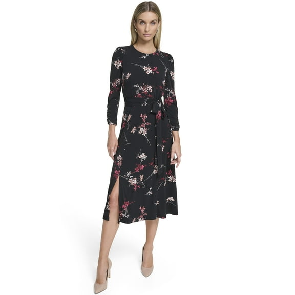 Falling Flowers Women's 3/4 Sleeve Belted Midi Dress, Sizes XS-XL