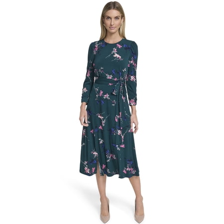 Falling Flowers Women's 3/4 Sleeve Belted Midi Dress, Sizes XS-XL