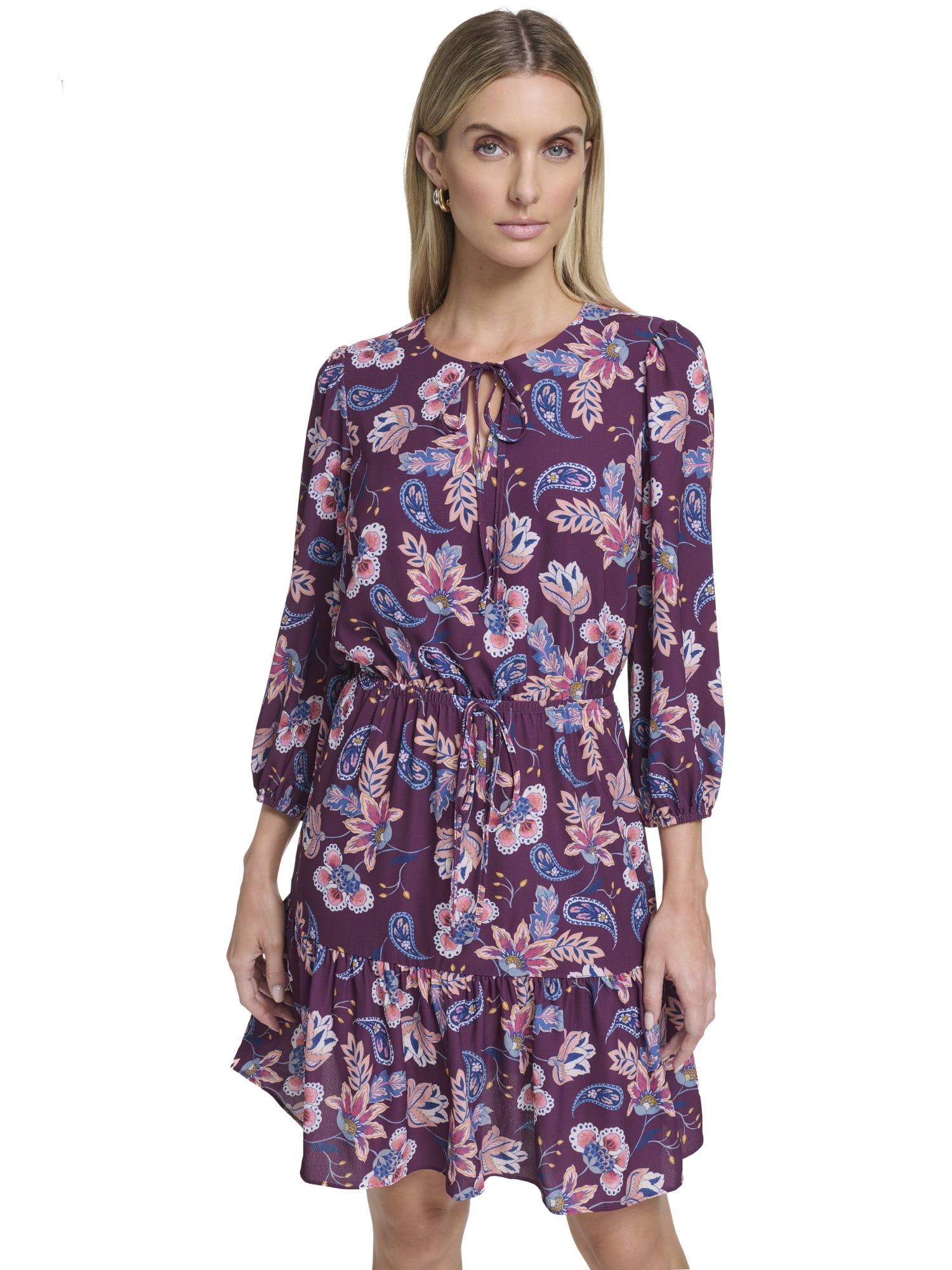 Falling Flowers Women s Blouson Tiered Dress Sizes XS XL