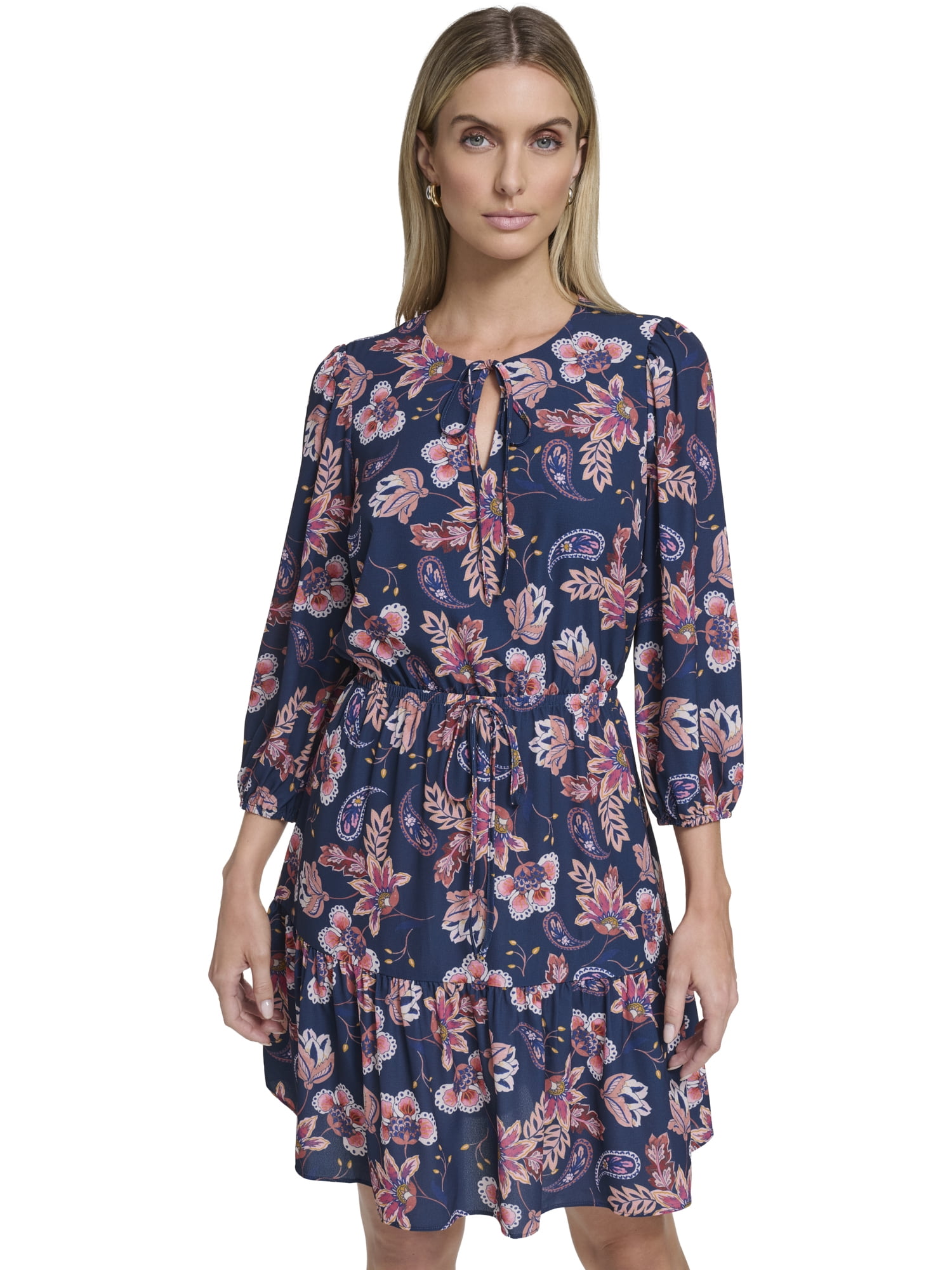 Falling Flowers Women s Blouson Tiered Dress Sizes XS XL