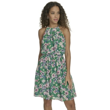 Falling Flowers Women's Chiffon Halter Neck Mini Dress, Sizes XS-XL