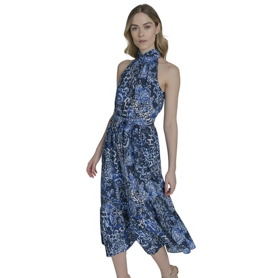 Falling Flowers Women's Mock Neck Sleeveless Midi Dress, Sizes XS-XL