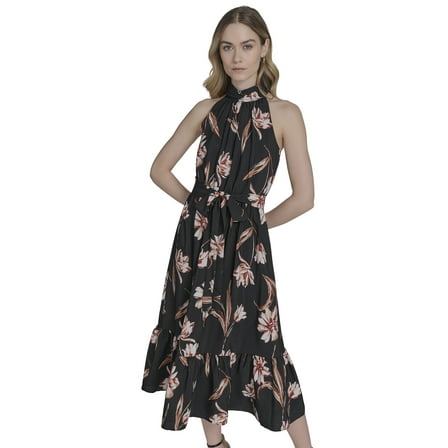 Falling Flowers Women's Mock Neck Sleeveless Midi Dress, Sizes XS-XL