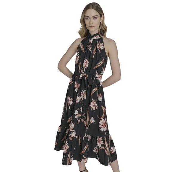 Falling Flowers Women's Mock Neck Sleeveless Midi Dress, Sizes XS-XL